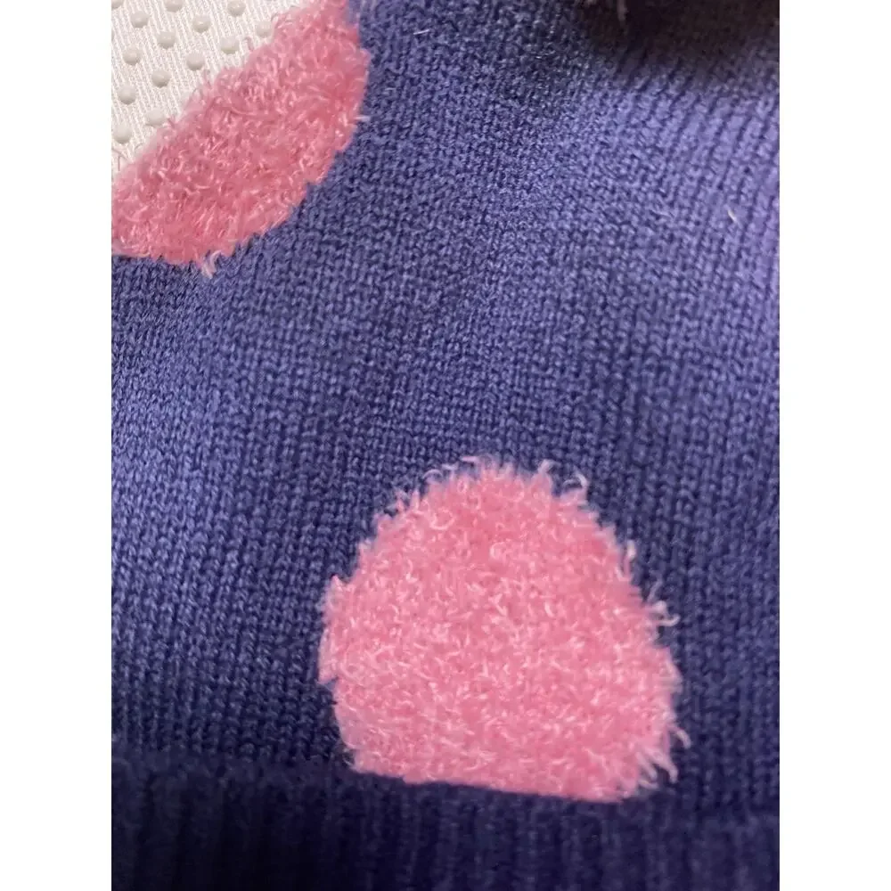 Joules Baby 0-6 Month Bobble Beanie Pom Pom Hat Knit Polka Dots Navy Blue & Pink